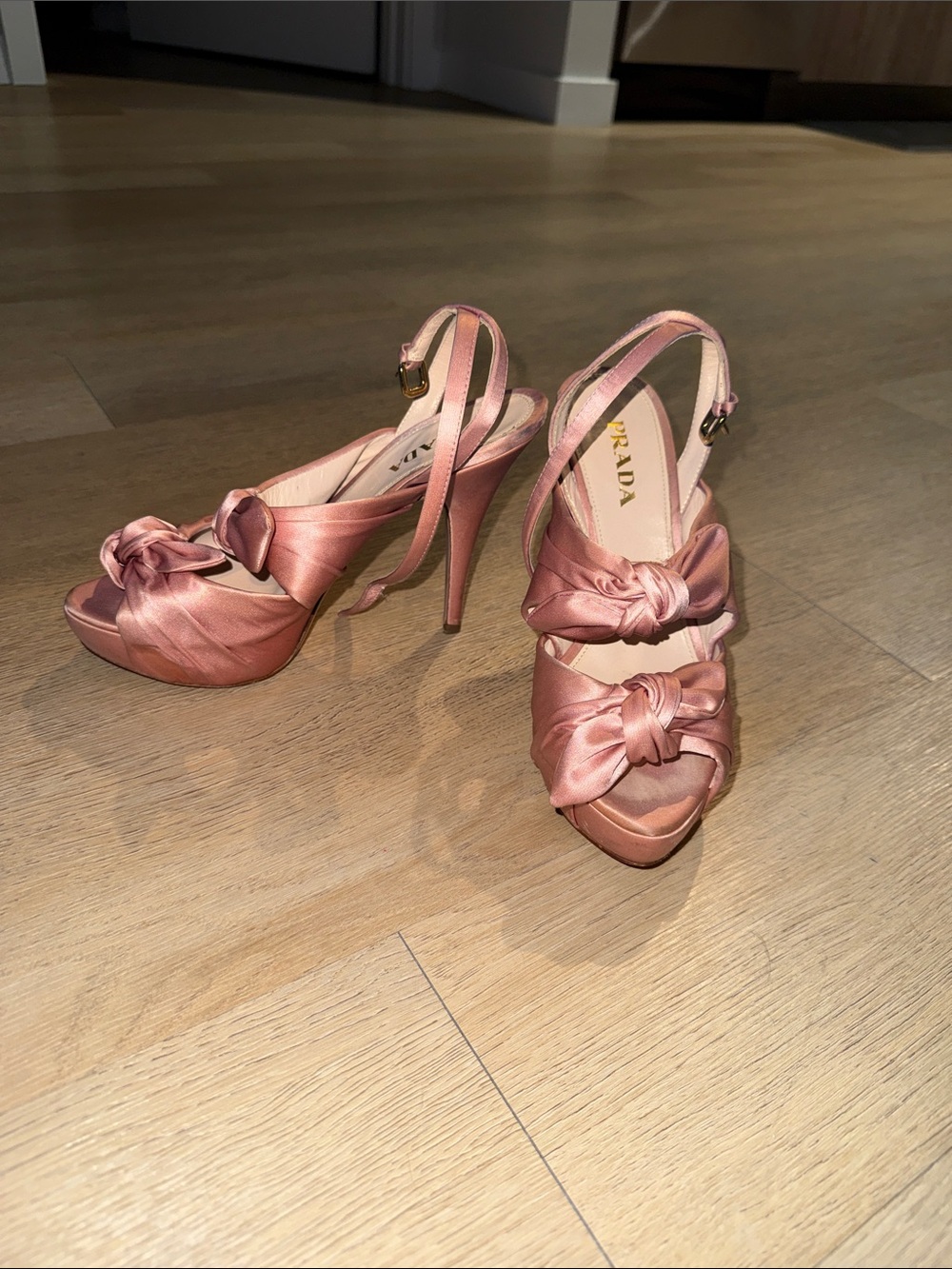 Prada Rose Pink Satin Knotted Slingback Heels